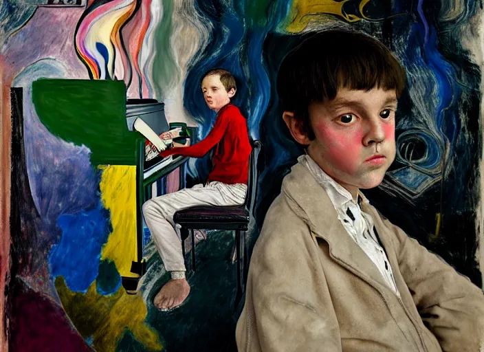 Prompt: front portrait of a child piano player, vincent lefevre and hernan bas and pat steir and hilma af klint, psychological, photorealistic, dripping paint, washy brush, rendered in octane, altermodern, masterpiece