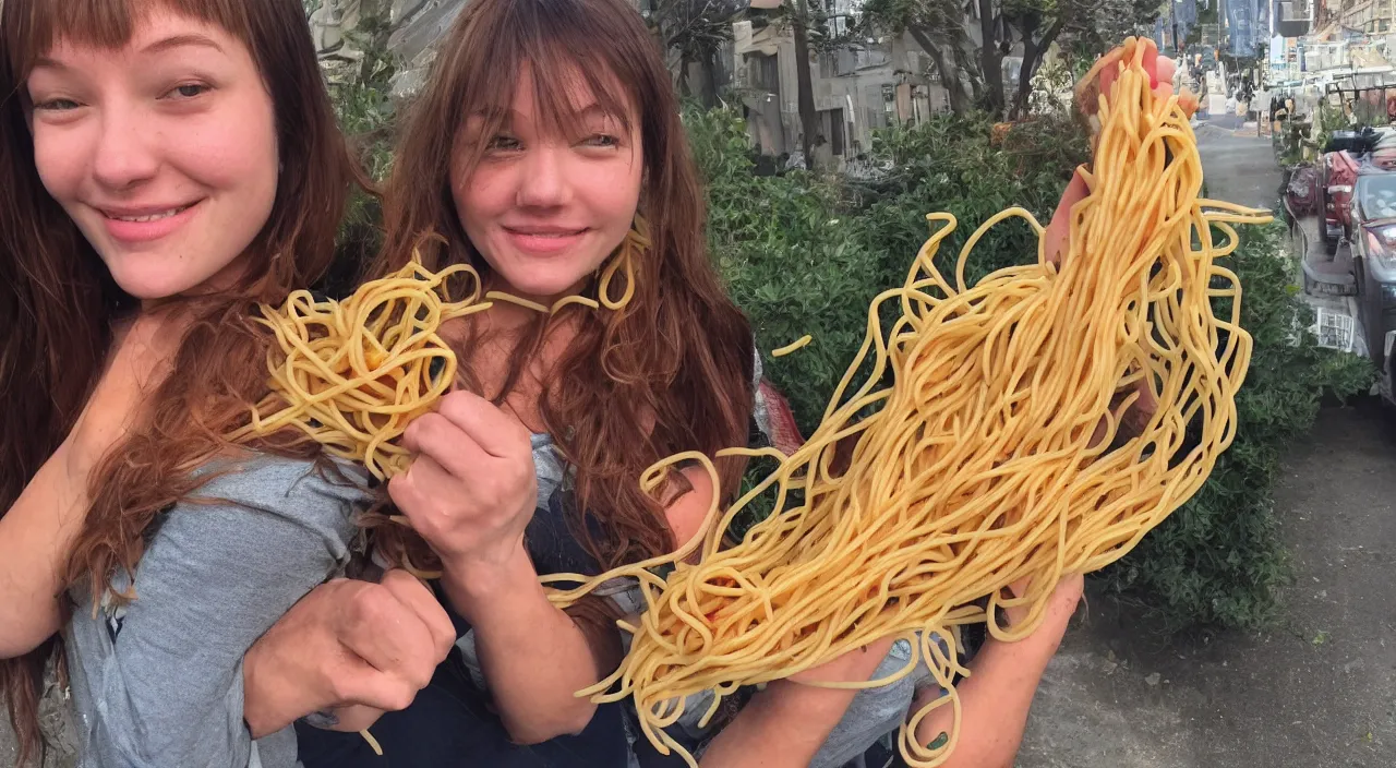 Image similar to a friendly girl who is secretly a pile of spaghetti