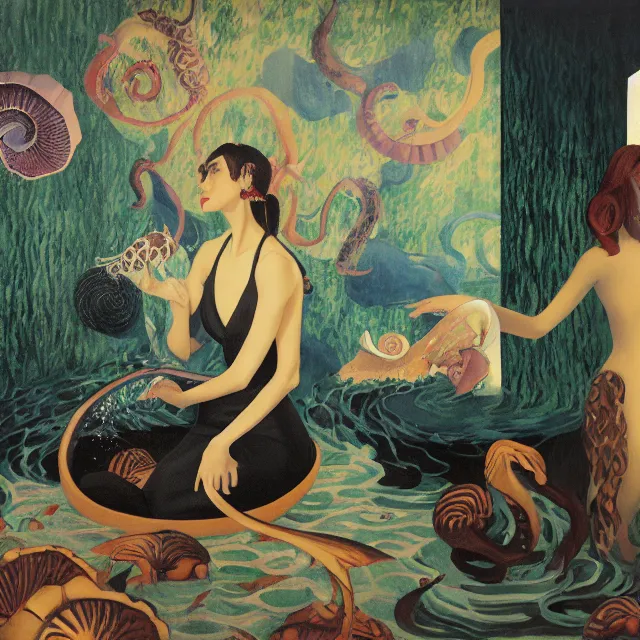 Image similar to tall emo female artist holding a nautilus in her flooded kitchen, pomegranates, octopus, water gushing from ceiling, painting of flood waters inside an artist's apartment, a river flooding indoors, ikebana, zen, rapids, waterfall, black swans, canoe, berries, acrylic on canvas, surrealist, by magritte and monet