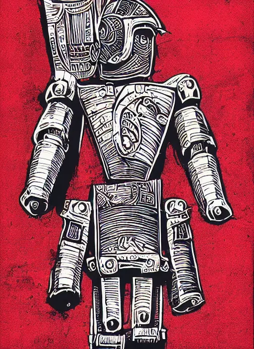 Image similar to warrior robots by Samuel Jessurun de Mesquita, linocut print