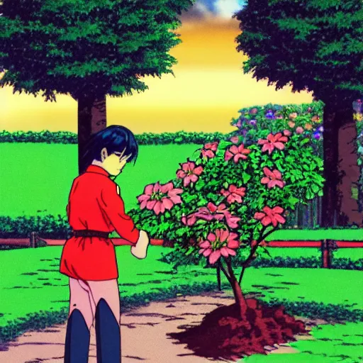 Image similar to salary man tending to his garden before going to work, directed by beat takeshi, visual novel cg, 8 0 s anime vibe, kimagure orange road, maison ikkoku, sketch by osamu tezuka, directed by makoto shinkai and beat takeshi