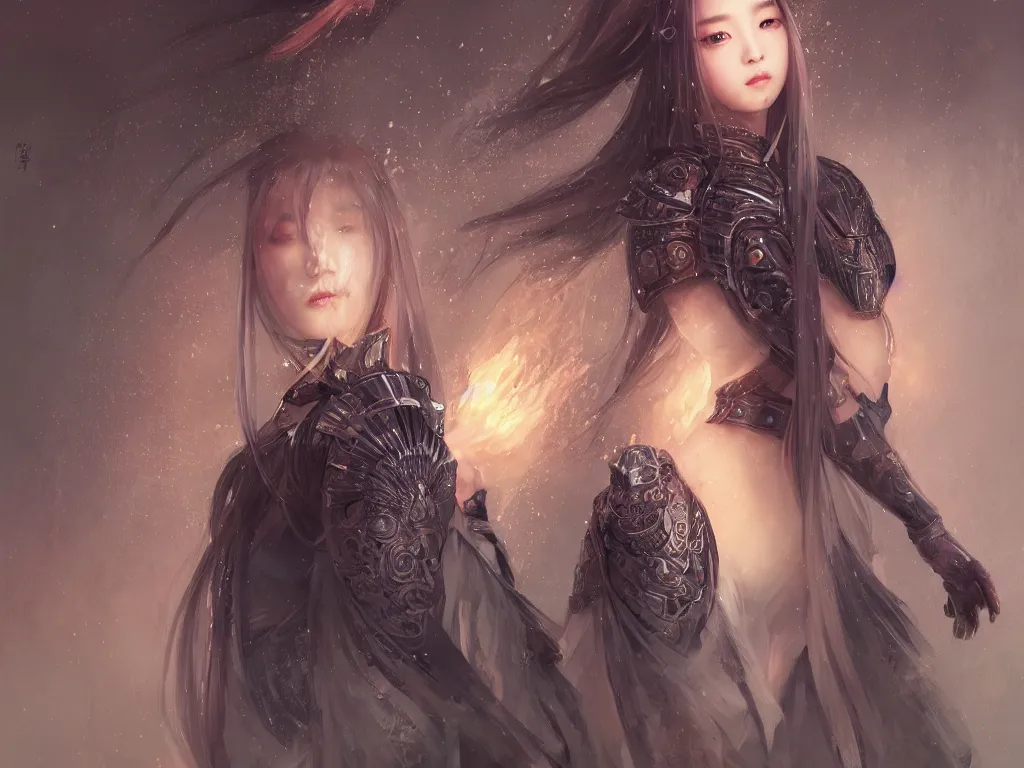 Image similar to portrait jisoo blackpink, grey hair armored samurai clothes, in fire japanese temple wet night, ssci - fi and fantasy, intricate and very very beautiful and elegant, highly detailed, digital painting, artstation, concept art, smooth and sharp focus, illustration, art by tian zi and wlop and alphonse mucha