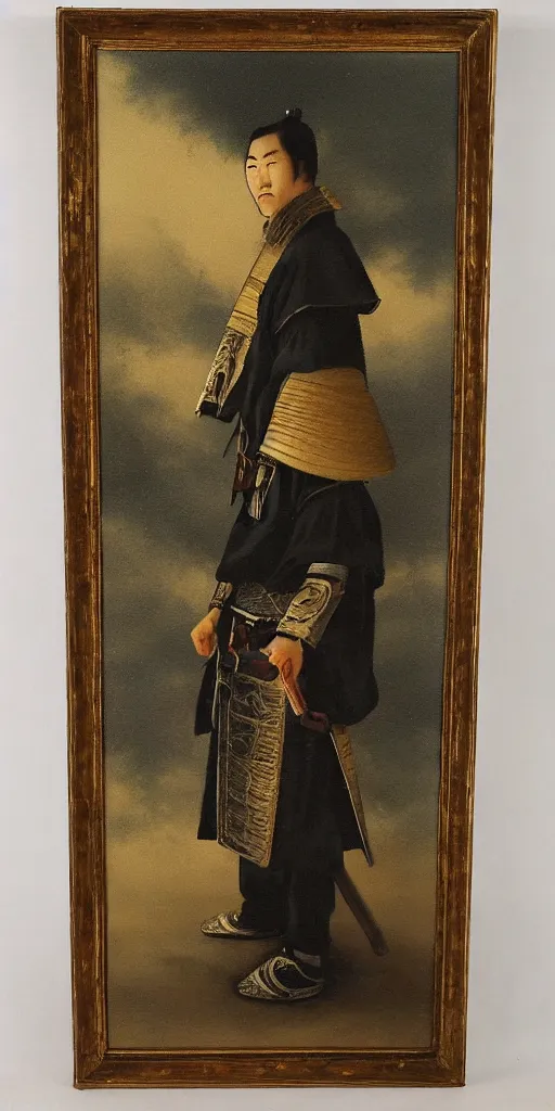 Image similar to romantic period style atmospheric oil painting of a Japanese Samurai