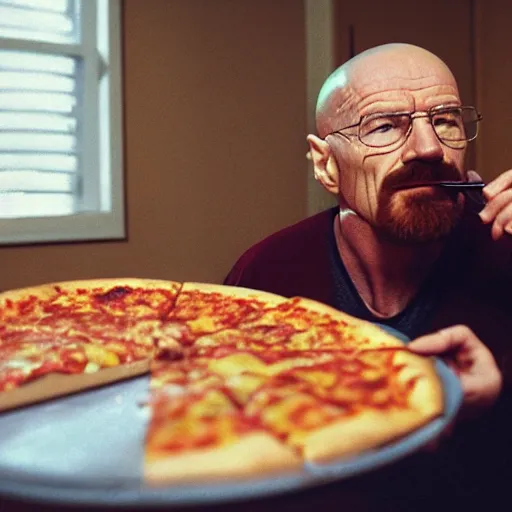 Prompt: walter white eating pizza, photography,