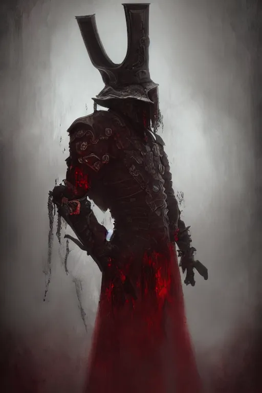 Image similar to the ghost - spirit of the grim - hatter wears the scarlet skull armor and blood crown, midnight fog - mist!, dark oil painting colors, realism, cinematic lighting, various refining methods, micro macro autofocus, ultra definition, award winning photo