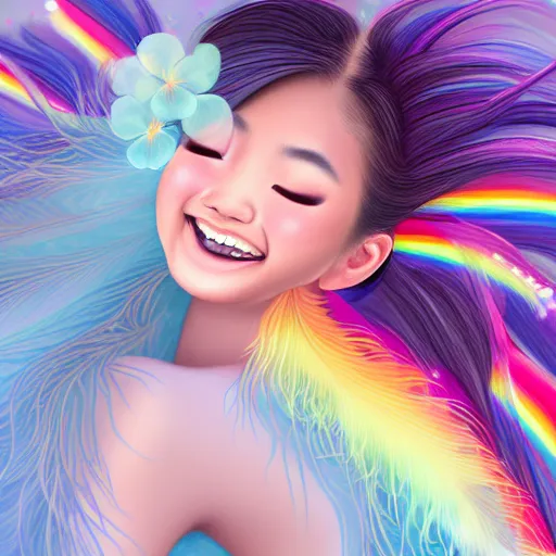 Image similar to A realistic centered portrait of a happy smiling ethereal asian sylph with a wide smile, ethereal vaporous tan skin, azure eyes and eyelashes, ethereal iridescent locks of hairs flying in the breeze and adorned with rainbow feathers, iridescent ethereal veils, flying high in the clouds::sunny weather, sss, translucency, light blue freckles and blemishes, long exposure, hologram, trending on artstation, soft natural lighting and shadows, VFX, CG