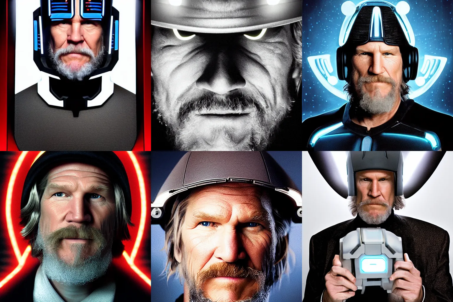 Prompt: portrait jeff bridges as cyborg, tron, photo, tv show, funny hat, realistic, uplight