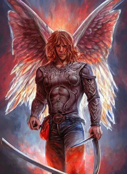 Prompt: high Fantasy Sam Winchester is a muscular armoured angel holding swords angei wings wide open, teared apart T-Shirt and jeans, red Sneakers, whole body tattooed with runes and satanic symbols, D&D!, fantasy style, sharp focus!, ultra detailed, art by Artgerm and Peter Andrew Jones, WLUP