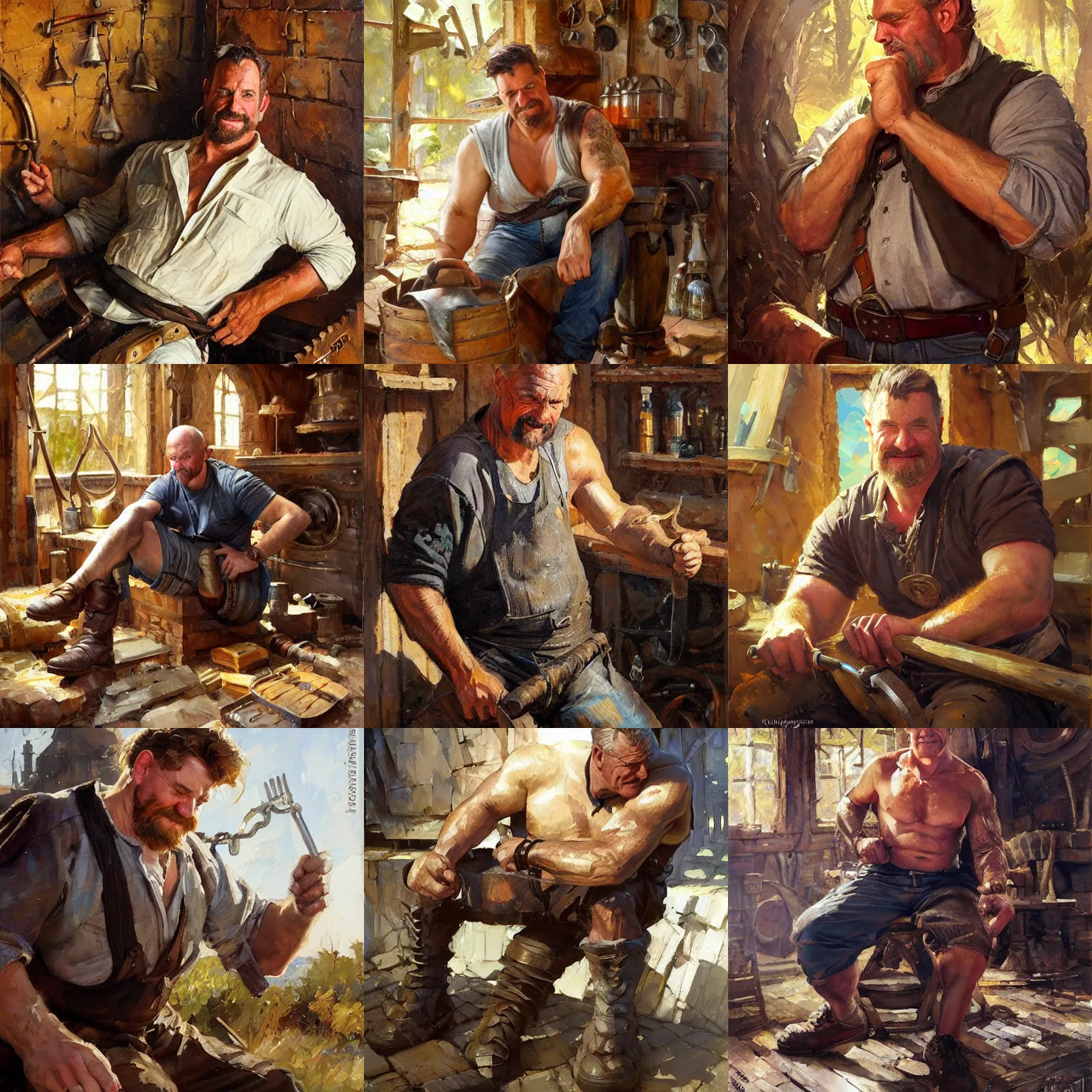 Prompt: a blacksmith who is brawny, dopey, well-meaning and kind, relaxing after a hard day, character portrait by Michael Garmash, Karol Bak, Greg Rutkowski, Gaston Bussiere