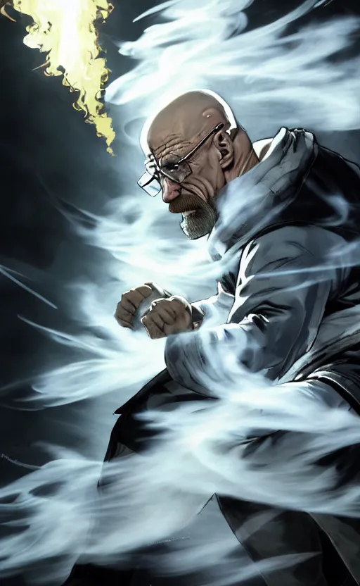 Prompt: Epic Concept art of grandmaster walter white wearing a white martial artist gi uppercutting a wooden plank, fighting pose, bald head and white beard, emanating white smoke, fog fills the area, character surrounded by wispy smoke, plain background, by Chen Uen, art by Yoji Shinkawa, 4k