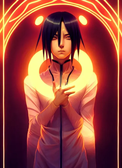 Image similar to symmetry!! itachi, glowing lights!! intricate, elegant, highly detailed, digital painting, artstation, concept art, smooth, sharp focus, illustration, art by artgerm and greg rutkowski and alphonse mucha