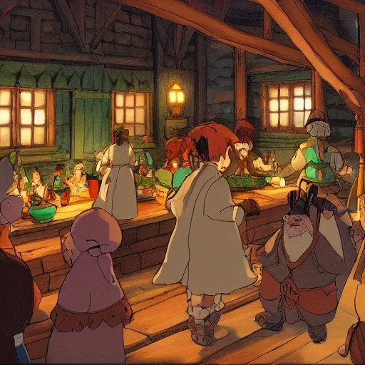 Prompt: tavern full of elves, dwarves and people drinking, warm interior, aesthetic, dusk, by studio ghibli