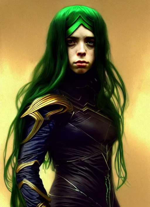 Image similar to Billie Eilish as Female Loki, very detailed, digital art, trending on artstation, concept art, smooth, illustration, art by artgerm and greg rutkowski and alphonse mucha and Edmund Blair Leighton and Katsuhiro Otomo and Geof Darrow and Phil hale and Ashley wood