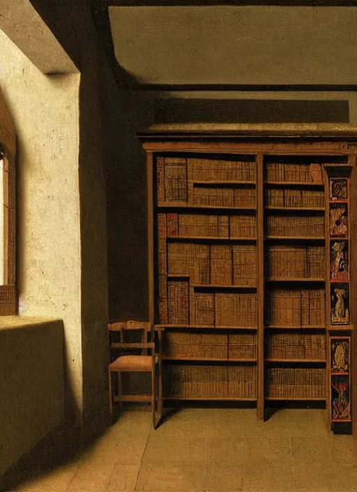 Image similar to bookshelf with books, medieval painting by jan van eyck, johannes vermeer, florence