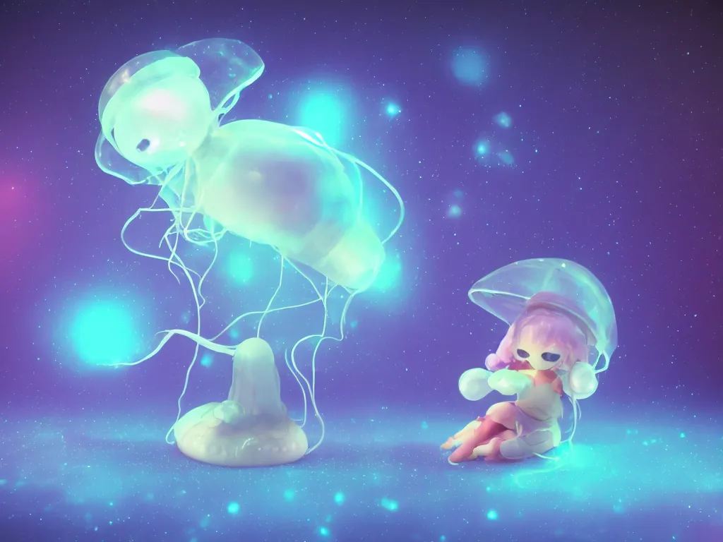 Image similar to cute fumo plush alien jellyfish girl sitting on a small island floating in the dark galactic abyss, vignette, bokeh, vray