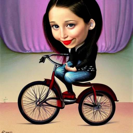 Prompt: Ariana Greenblatt on a tricycle, lowbrow painting by Mark Ryden