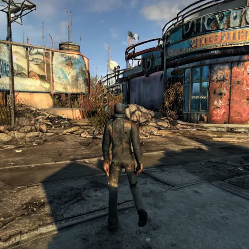 Prompt: walt disney world orlando in ruins post - nuclear war in fallout 4, in game screenshot