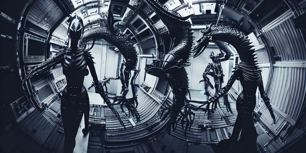 Image similar to space station, walking down the catwalk, stage, vogue photo, podium, fashion show photo, iris van herpen baroque dress, helmet on face, beautiful woman, perfect body, full body shot, masterpiece, guyver, giger, biomechanical details, denis villeneuve, legendary dragon, cinestill, bokeh, artstation