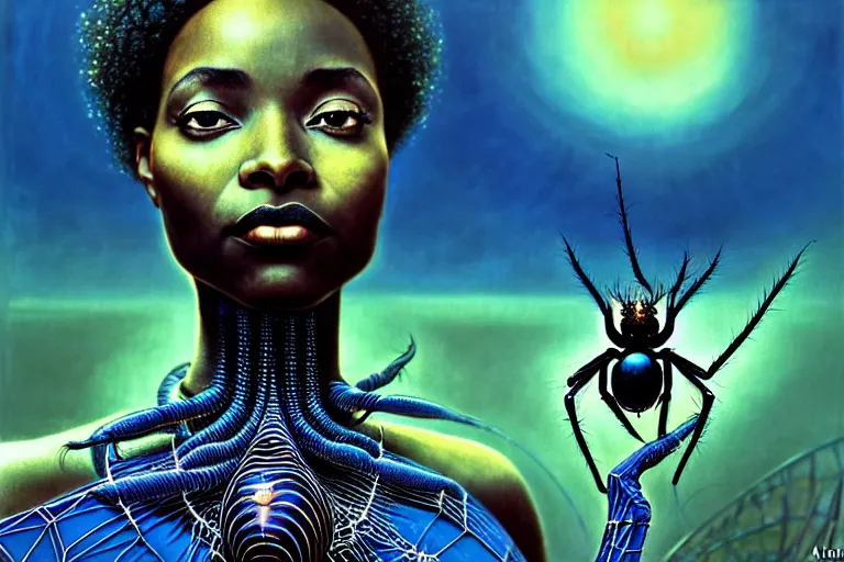 Prompt: realistic detailed photorealistic film portrait shot of a beautiful black woman with a giant spider, sci - fi city landscape background by amano, yves tanguy, alphonse mucha, ernst haeckel, max ernst, andrei tarkovsky, edward robert hughes, roger dean, necklace, dynamic pose, rich moody colours, wide angle, blue eyes