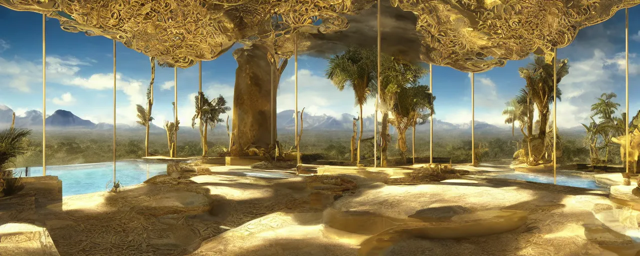 Image similar to surreal hyper luxury spa with intricate golden details with view to arid mountains and palm forest, ultra detailed, photorealism, sharp focus, volumetric light, global illumination