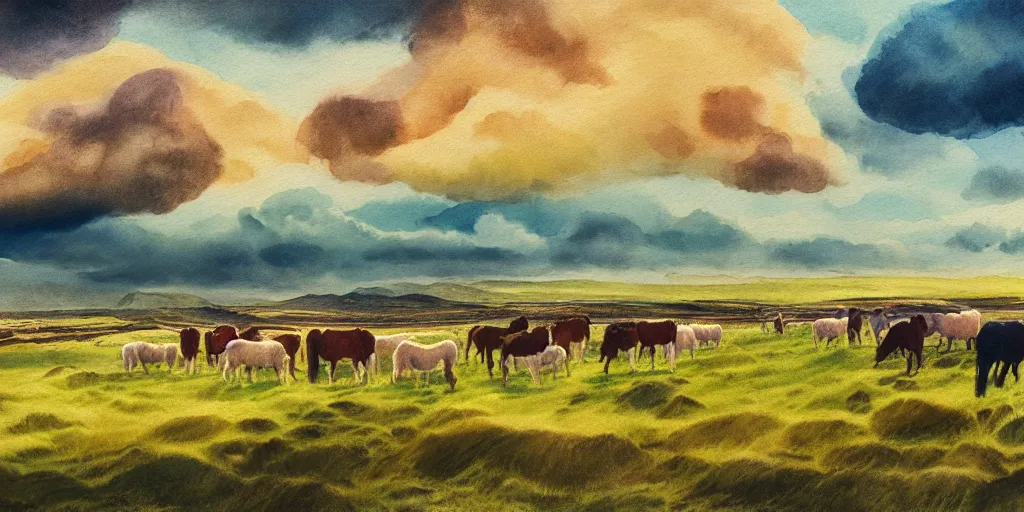 Image similar to a beautiful painting of a icelandic farm, icelandic horses galloping, storm clouds gathering over the town, by studio ghibli 8 k pastel colours, isometric drone shot smeared watercolours, golden light film grain