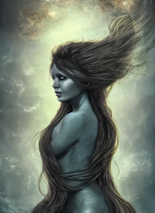 Image similar to beautiful celestial woman with long hair wrapping downward around earth, hyper-detailed, smooth, sharp focus, depth map, digital painting, apocalyptic art, fantasy dark art, 4k ultra hd, cinematic