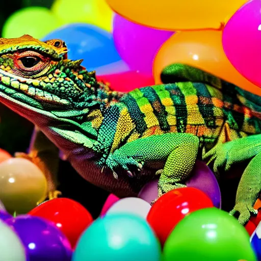 Prompt: Hillary Clinton lizard looking at brightly colored balloons, photo, detailed, 4k