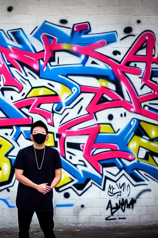 Image similar to asian guy with mask stand in front of wall with full of graffiti tag and mural, photorealistic, smooth, 4 k, aesthetic lighting, baroque object, hyperdetailed, professional photography, pullitzer winning, photo by : canon eos 5 d mark iv, by karah mew and adnan abidi and jodie bateman