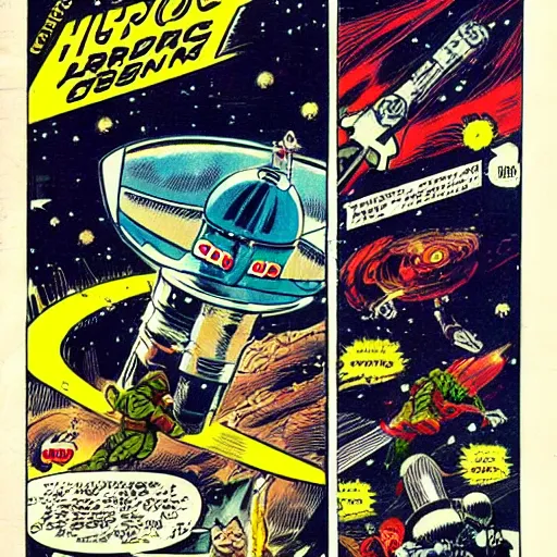 Prompt: heroic corgi in outer space battling aliens, vintage marvel comic art, dynamic, detailed, intricate