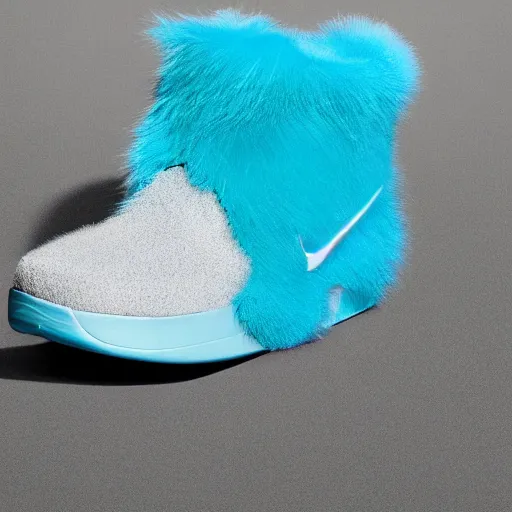 Image similar to nike shoe made of very fluffy cyan faux fur placed on reflective surface, professional advertising, overhead lighting, heavy detail, realistic by nate vanhook, mark miner