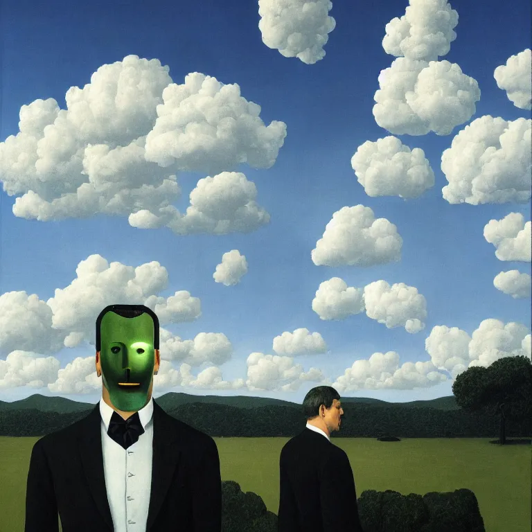 Image similar to portrait of a faceless reflective chrome - head man in a suit and black gloves, clouds and nature landscape in the background, by rene magritte, detailed painting, distance, centered, hd, hq, high resolution, high detail, 4 k, 8 k