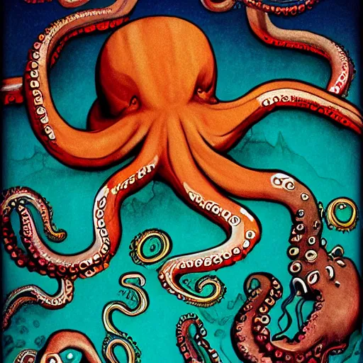 Prompt: The octopus is a captain and steers the ship, highly detailed, fantasy art