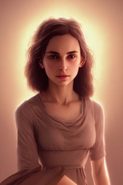 Image similar to a girl Nathalie Portman portrait, loving amber eyes, a shy face, unreal 5, hyperrealistic, octane render, Regal, Refined, Detailed Digital Art, RPG portrait, William-Adolphe Bouguereau, Michael Cheval, dynamic lighting, Highly Detailed, Cinematic Lighting, Unreal Engine, 8k, HD