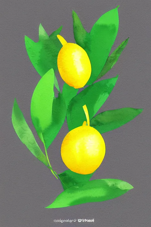 Image similar to minimalist watercolor art of a yellow lemon with green leaves, illustration, vector art