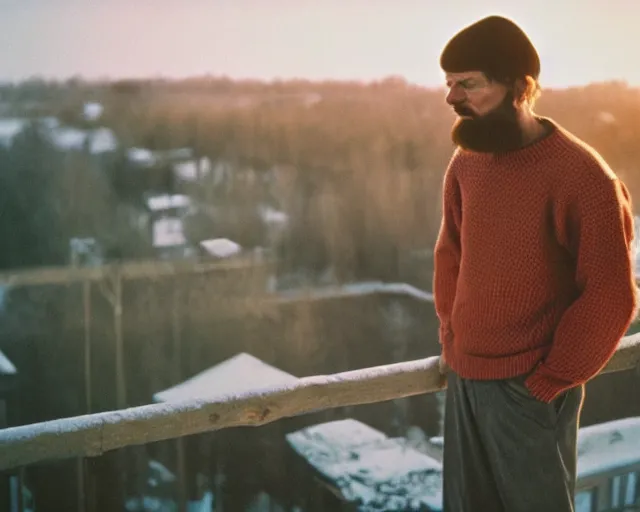 Image similar to award - winning lomographic tarkovsky film still of 4 0 years russian man with beard and sweater standing on small hrushevka 9 th floor balcony in taiga looking at sunset, cinestill, bokeh