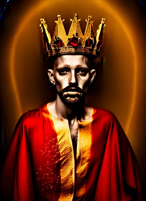 Image similar to 'Portrait of Crowned King Arthur' by Lee Jeffries royally decorated, whirling plasma, atmospheric motes, red and gold Sumptuous garb, gilt silk fabric, radiant colors, fantasy, perfect lighting, studio lit, micro details,