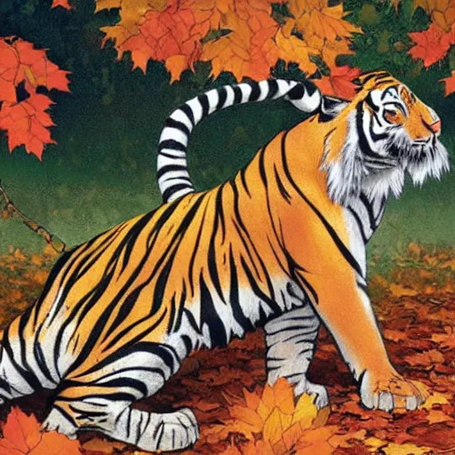 Image similar to a highly detailed cartoon tiger waving a leaf fan, autumn leaves on the ground, concise lines, ultradetailed environment, sharp focus, cinematic lighting, by alphonse maria mucha and kim jung gi