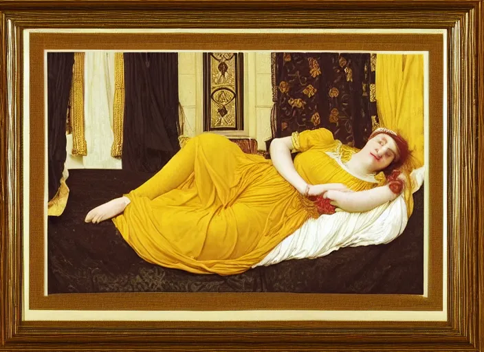 Image similar to portrait of lady reclining on bed wearing yellow ochre ornate medieval dress, framed, preraphaelite colour photography by frederic leighton, william morris, 8 k