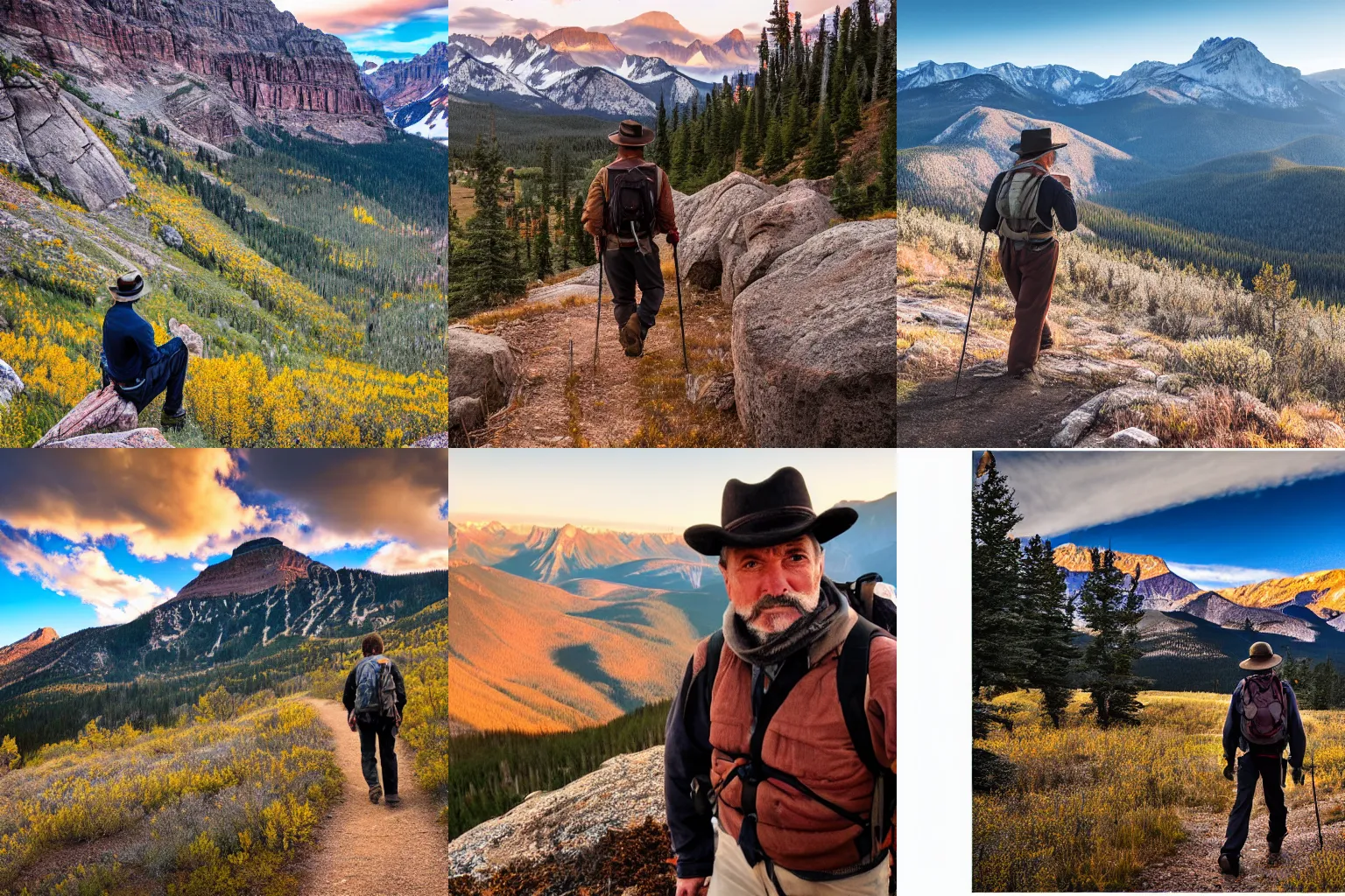 Prompt: Daniel Plainview hiking in the colorado rockies and having a very good time, sunrise, highly detailed, 4k photography, great quality,