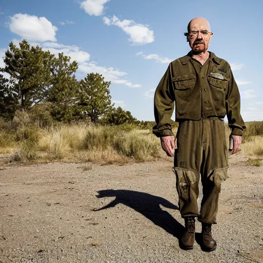 Image similar to Walter White in a derelict rv, wearing an army outfit, full shot, full portrait