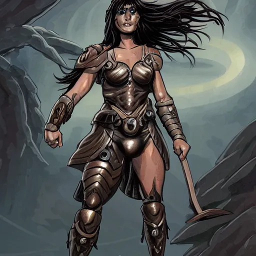 Image similar to a muscular bronze - skinned silver - eyed woman warrior with long black hair, in xena armor, in an arena on a hostile alien planet, highly detailed, mike mignola, trending on art station, illustration, comic book