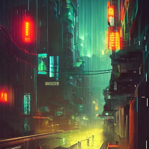 Prompt: a cyberpunk street, rainy night, jellyfish running, the outline of mountains in the distance ， by darek zabrocki