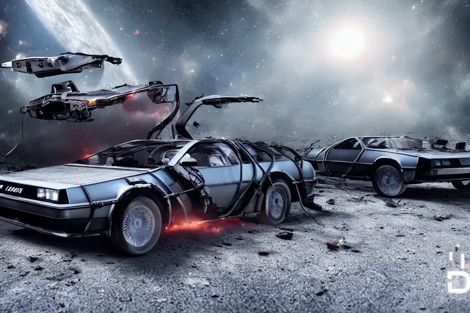 Image similar to ultra realistic delorean dmc 5 drifts on road wreckage orbiting earth in space, dark cinematic, volumetric, realistic, 3 d render, realistic render, cinematic lighting, volumetric lighting, atmospheric, cinematic, unreal engine 5, unreal engine render, octane render, hd, photorealism, hyper realistic, 8 k