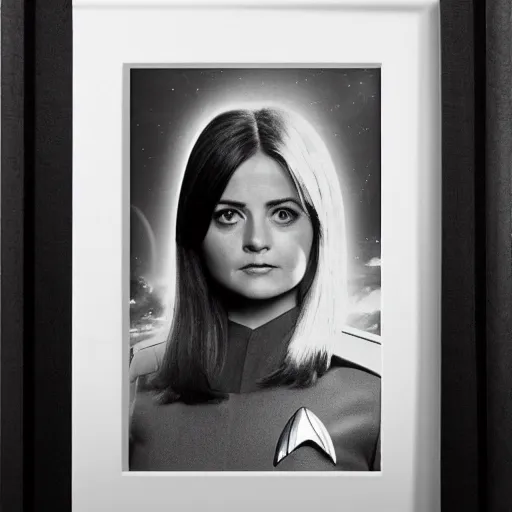 Image similar to a beautiful full body photograph of younger jenna coleman as a star fleet officer from star trek next generation, full dress uniform, symmetrical face, extreme realism and detail, 8 k, completely framed, direct lighting, 3 5 mm photo, photorealistic, sharp focus