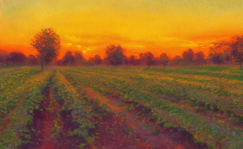 Image similar to rows of an orchard at sunset, impressionist painting, oil on canvas, golden hour, beautiful lighting