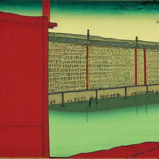 Image similar to a chinese prison near a river by peter doig : : 1 and ukiyo - e : : 0. 1, muted colors