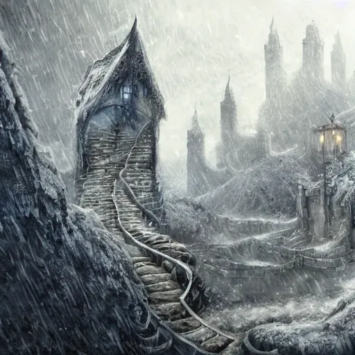 Prompt: fantasy concept art, walled city abut to a labyrinth, snowy weather, 8k, high detail