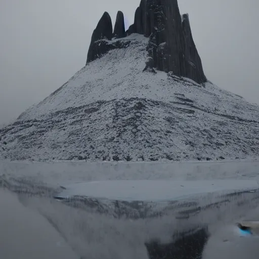 Image similar to a monolithic cathedral in the artic. overcast sky, grainy, snowing.