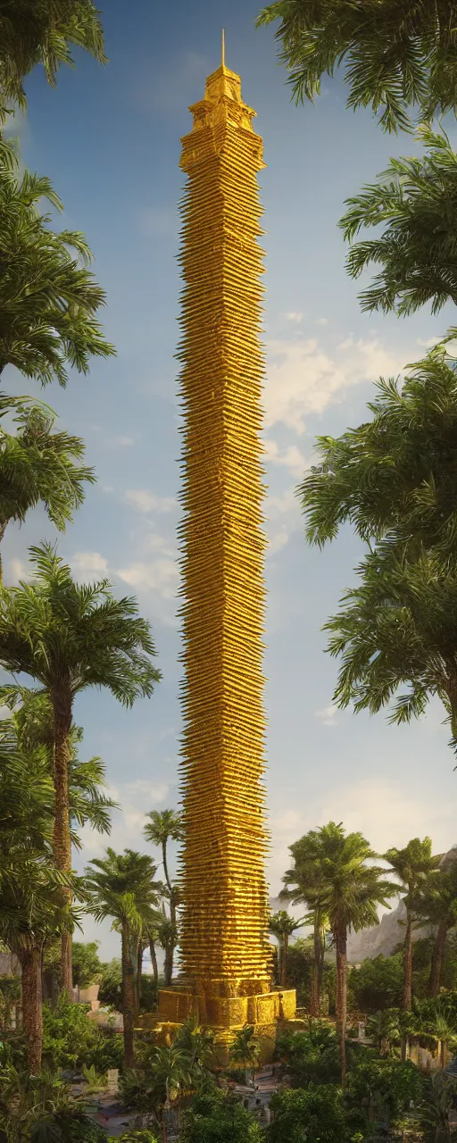 Prompt: eye level view of single tower, golden facade babylon tower, sacred ancient architecture, hanging gardens, cascading highrise, arid mountains with lush palm forest, sunlight, post - production, octane, cgi, sfx