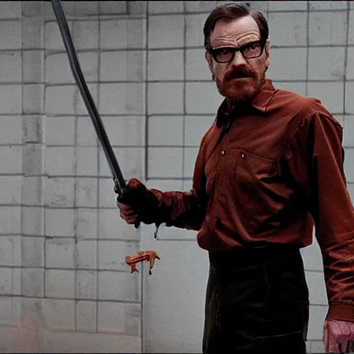 Image similar to Bryan Cranston as Gordon Freeman, holding a crowbar, in Freeman's suit, still from a movie